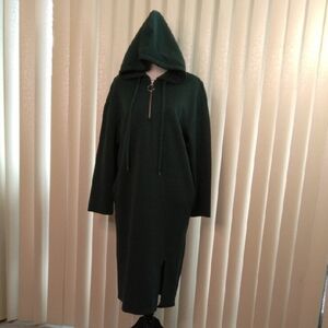 Dark Green Full-Length Hooded Coat with Textured Fabric
